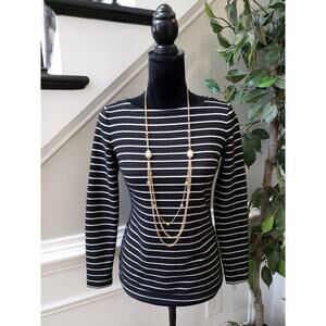 Women's Talbots Petite Small Black White Stripe Top Back Zip Stretch Long Sleeve
